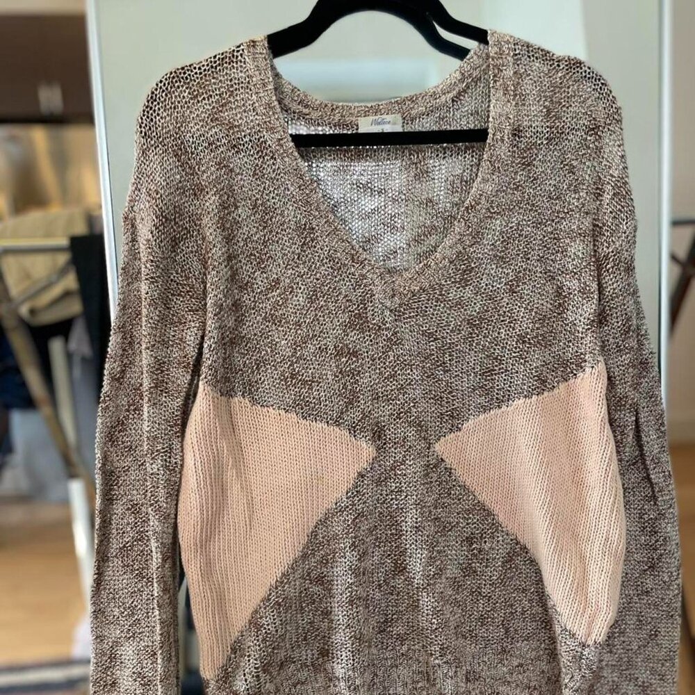 Wallace open-knit sweater in soft neutral brown and beige tones.